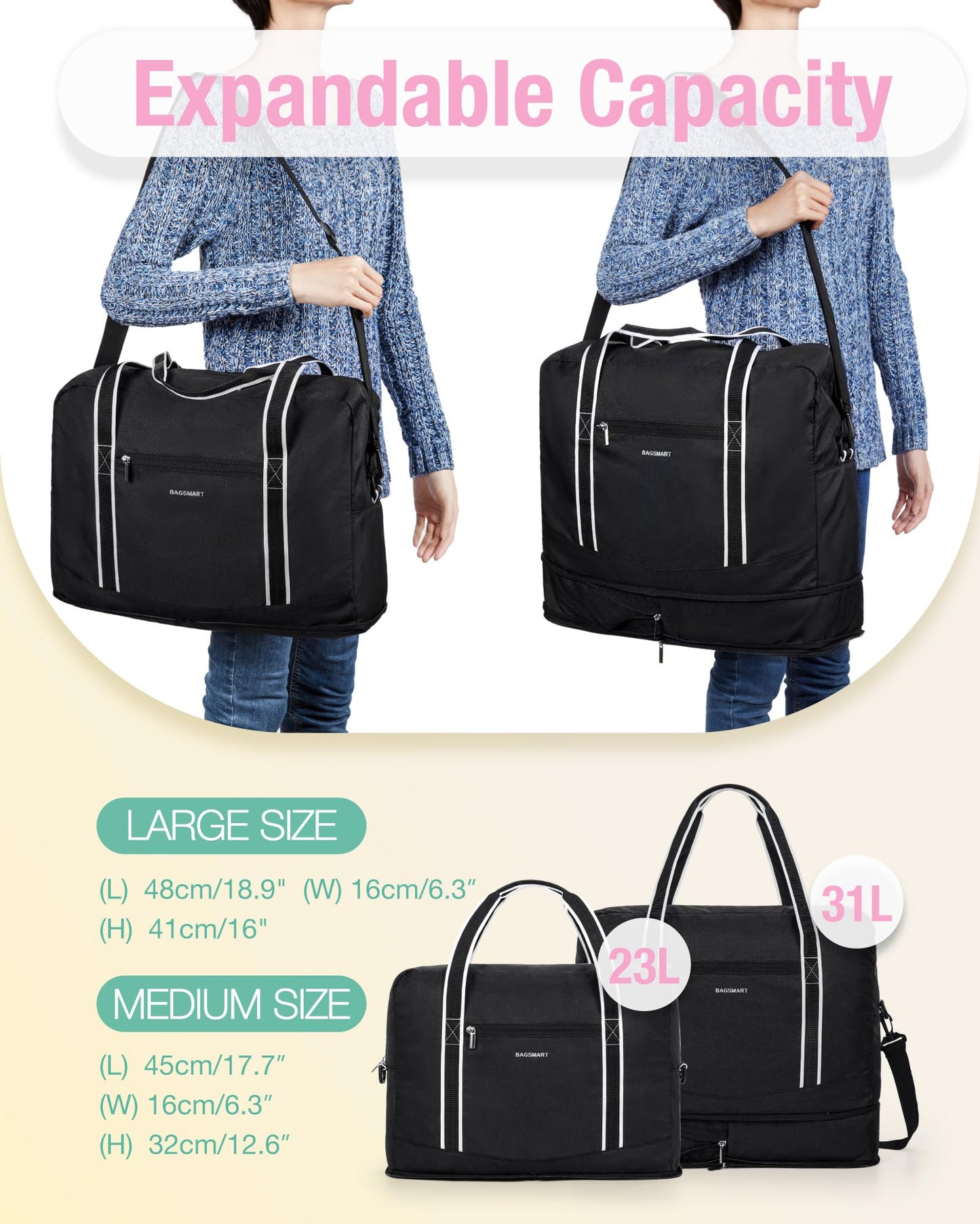 BAGSMART For Spirit Airlines Personal Item Bag 18x14x8, Foldable Travel Duffel Bag Tote Weekend Overnight Bag Carry on Luggage for Women and Men(Black)