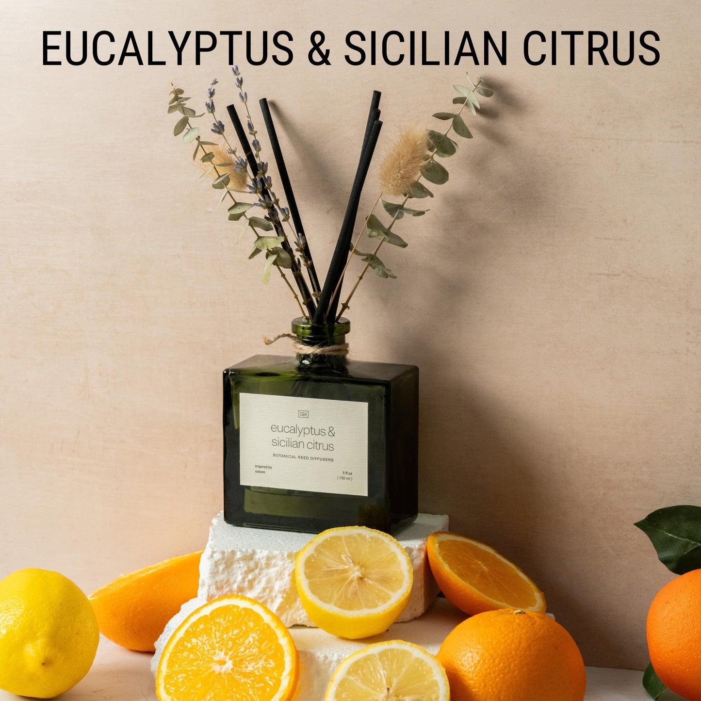 Craft & Kin Reed Diffuser with Dried Flowers | 5 oz Sicilian Citrus & Eucalyptus Scented Fall Reed Diffusers for Home, Bathroom | Scent Sticks | Elegant Fragrance Home Decor for Men & Women