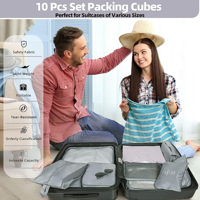 10 Pcs Set Packing Cubes - Travel Packing Organizers, Expandable Suitcase Organizer, Luggage Organizer Bags