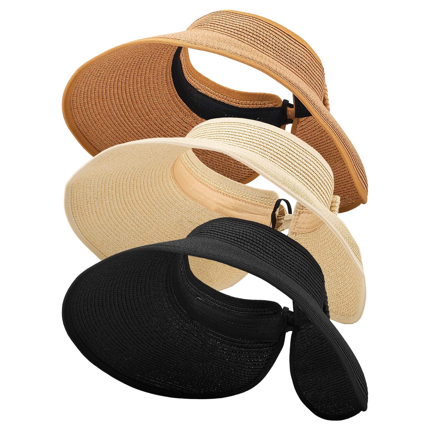 MEINICY 3PCS Foldable Straw Sun Visor Hats for Women, Wide Brim Ponytail Summer Beach Hat, Protect Your Skin Easily, Nature & Black & Beige