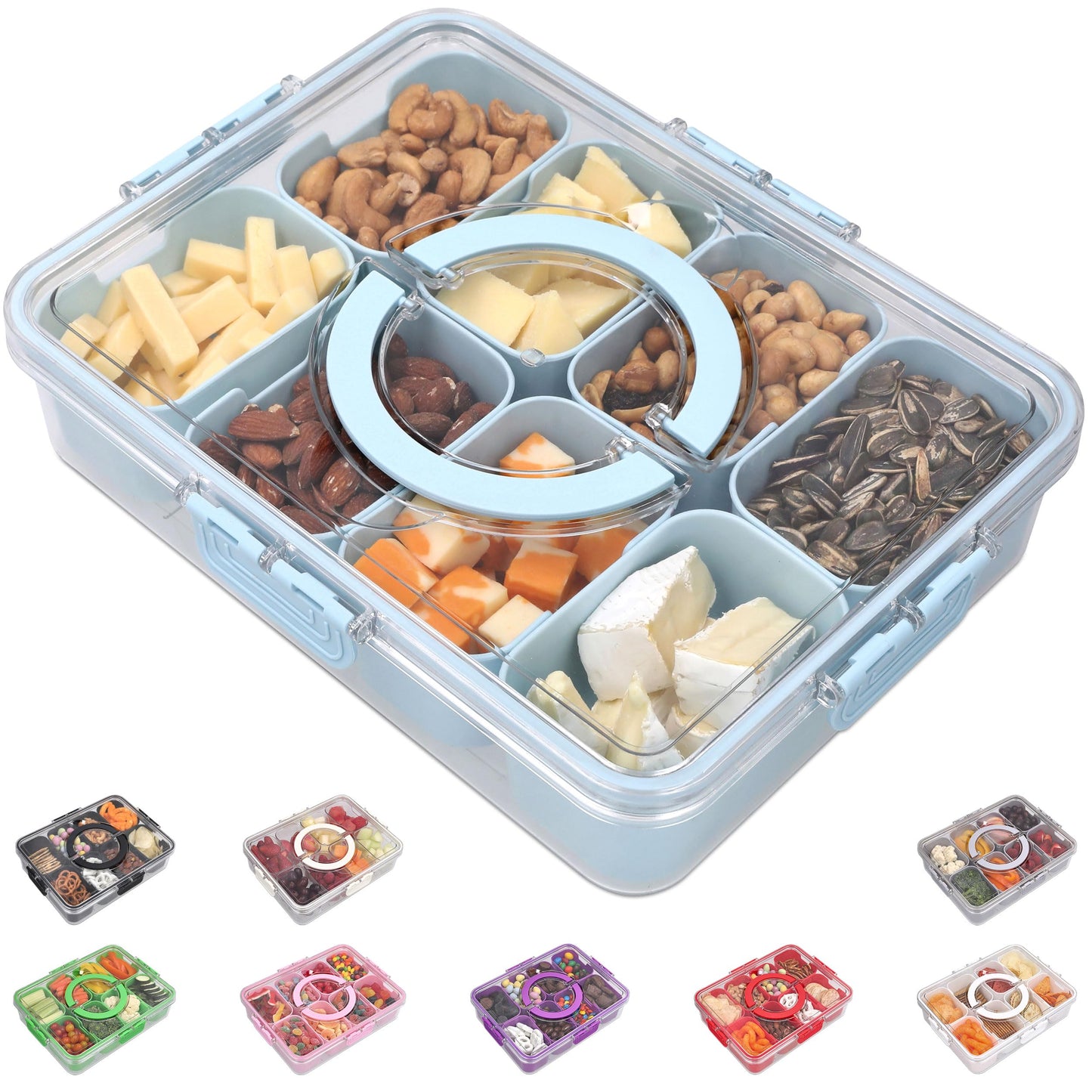 KEYVOZ Snackle Box Container with Lid- Travel Charcuterie Box with Handle - Organizer for Candy, Fruit, Nuts, Veggies, Snacks, Beach Essentials, Portable Lunch Box (Blue, Large)
