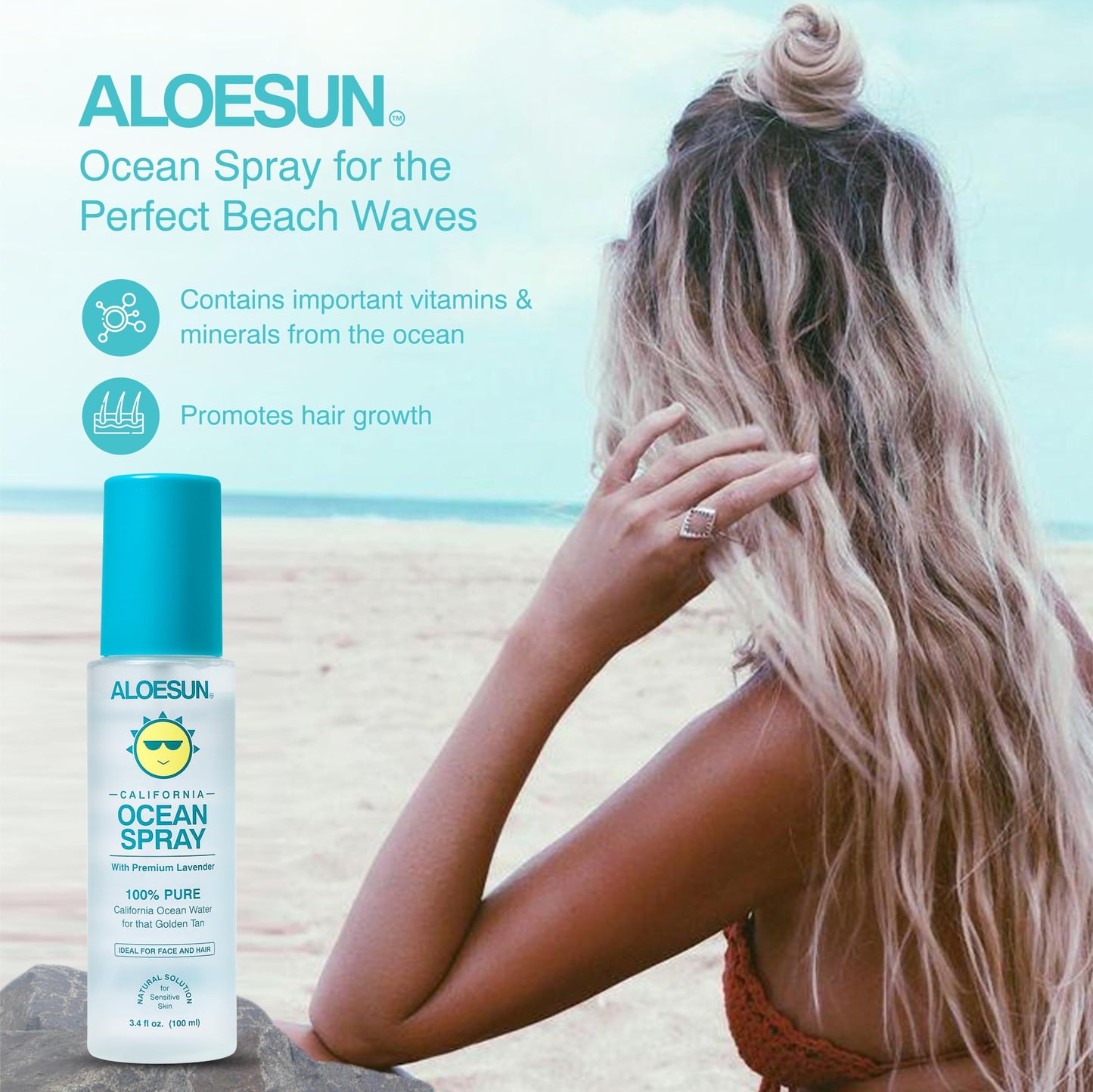 ALOESUN Ocean Spray | Pure California Sea Salt Water Face Mist Infused with Organic Lavender Essential Oil for Tanning | Hair & Scalp Exfoliating Solution | Facial Moisturizer | Travel Size 3.4 Fl Oz
