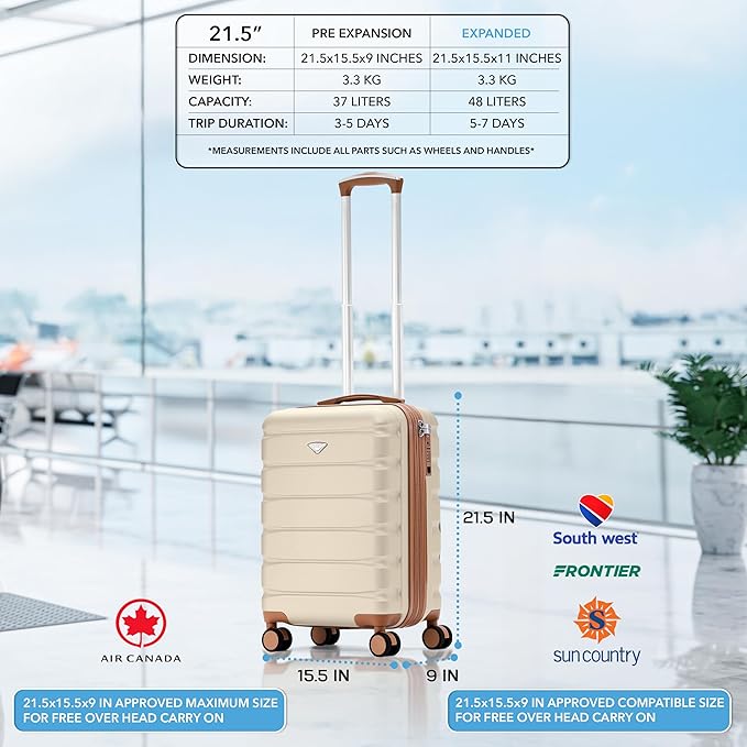 Carry On Suitcase Hardside TSA Lock & USB Port Silent Double Spinner Wheels Maximum Carry-On Bag For Canada Air Approved Airlines( 21.5x15.5x9" ,Cream/Tan )