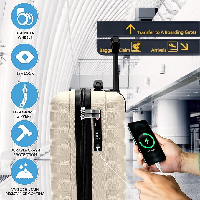 Carry On Suitcase Hardside TSA Lock & USB Port Silent Double Spinner Wheels Maximum Underseat Carry-On Bag For Virgin & South West Approved Airlines( 16.25x13.5x8" ,Cream/Black )