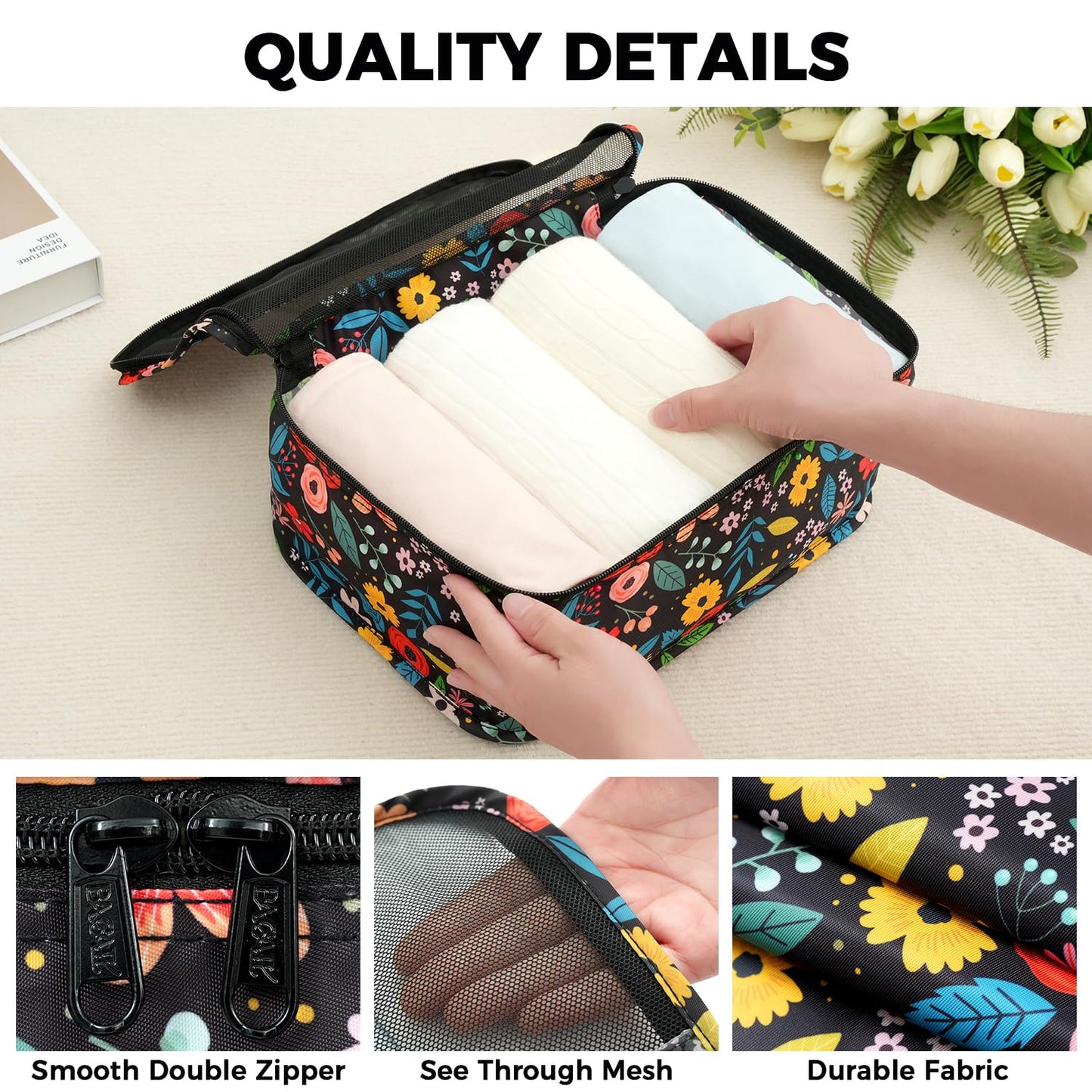 BAGAIL 9 Set Packing Cubes Luggage Packing Organizers for Travel Accessories (Black floral)