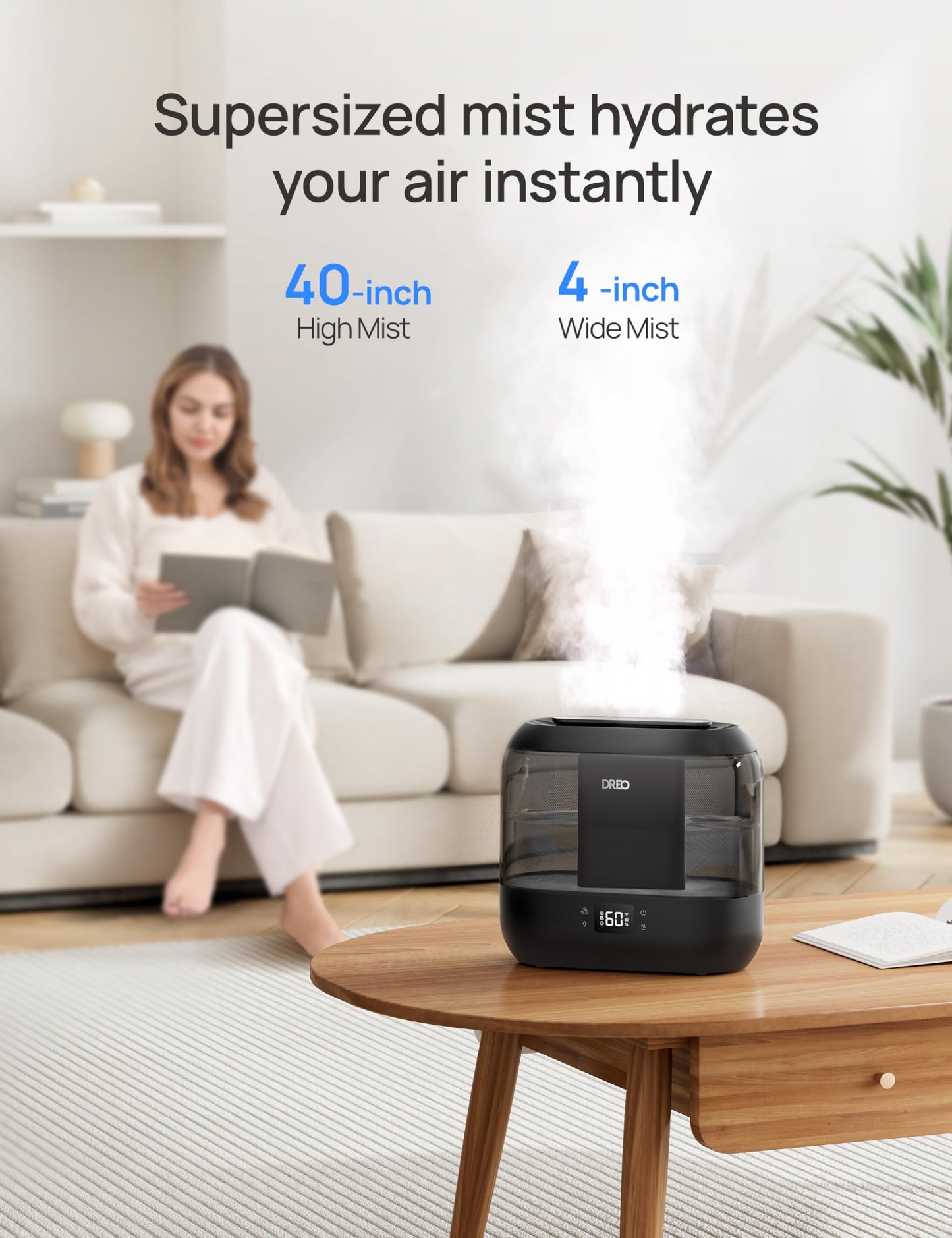 Dreo Smart Humidifiers for Bedroom, Top Fill 4L Supersized Humidifier Large Room with 28 dB, 36H Runtime, Touch/APP/Voice Control, Nightlight, Cool Mist Humidifiers for Baby, Plants, Indoor, Black