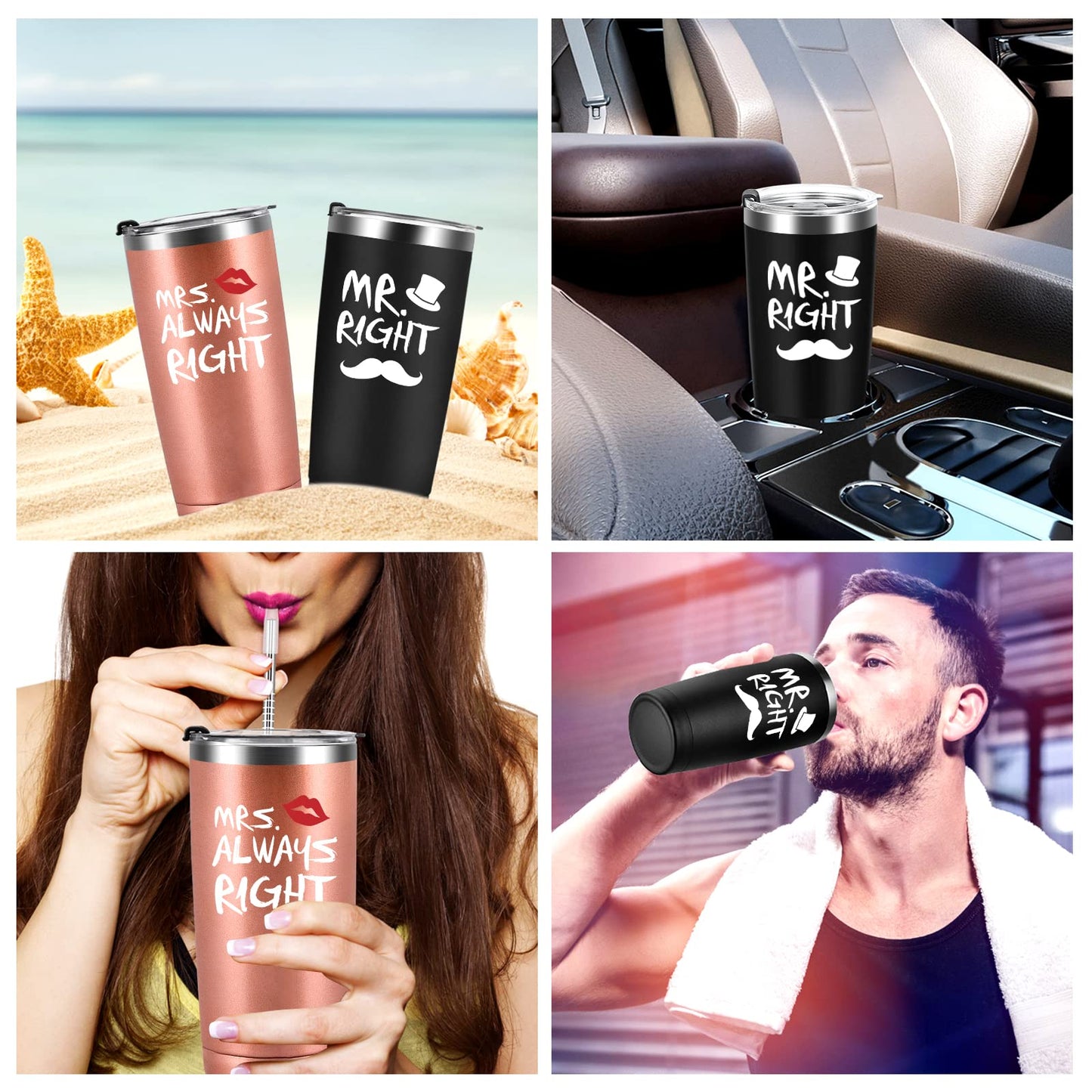 Qtencas Mr. Right Mrs. Always Right Travel Tumbler Set, Wedding Engagement Gifts for Husband Wife Newlywed Couples Bride Groom Anniversary, 20oz Stainless Steel Tumbler, Black and Rose Gold