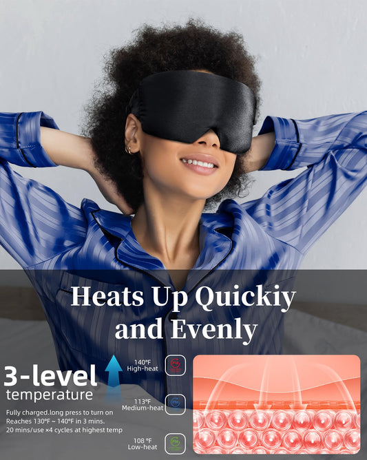 Heated Eye Mask for Dry Eyes - Silk Cordless Warm Eye Compress Moist Heat, Eye Heating Pad for Stye Treatment, Tired Eyes, Sleep, Travel, Washable, Rechargeable, Black