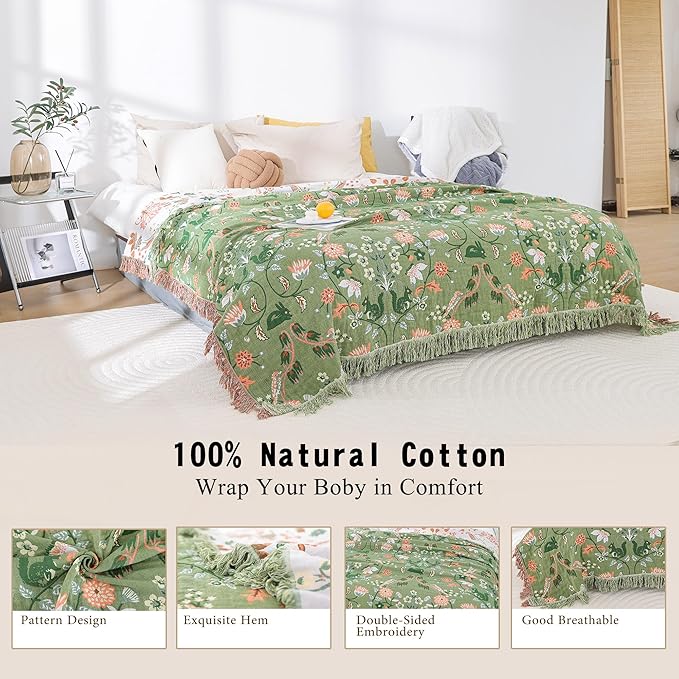 Boho Throw Blanket for Bed 100% Cotton Ultra Soft Rustic Quilt Farmhouse Decor Bed Fall Blankets,All Season Rustic Throw for Sofa Couch Chair (Green World, 60"×80")