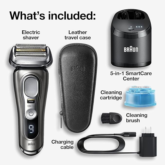 Braun Electric Razor for Men, Series 9 Pro 9465cc Wet & Dry Electric Foil Shaver with ProLift Beard Trimmer, Cleaning & Charging SmartCare Center, Head Shavers for Bald Men, Noble Metal