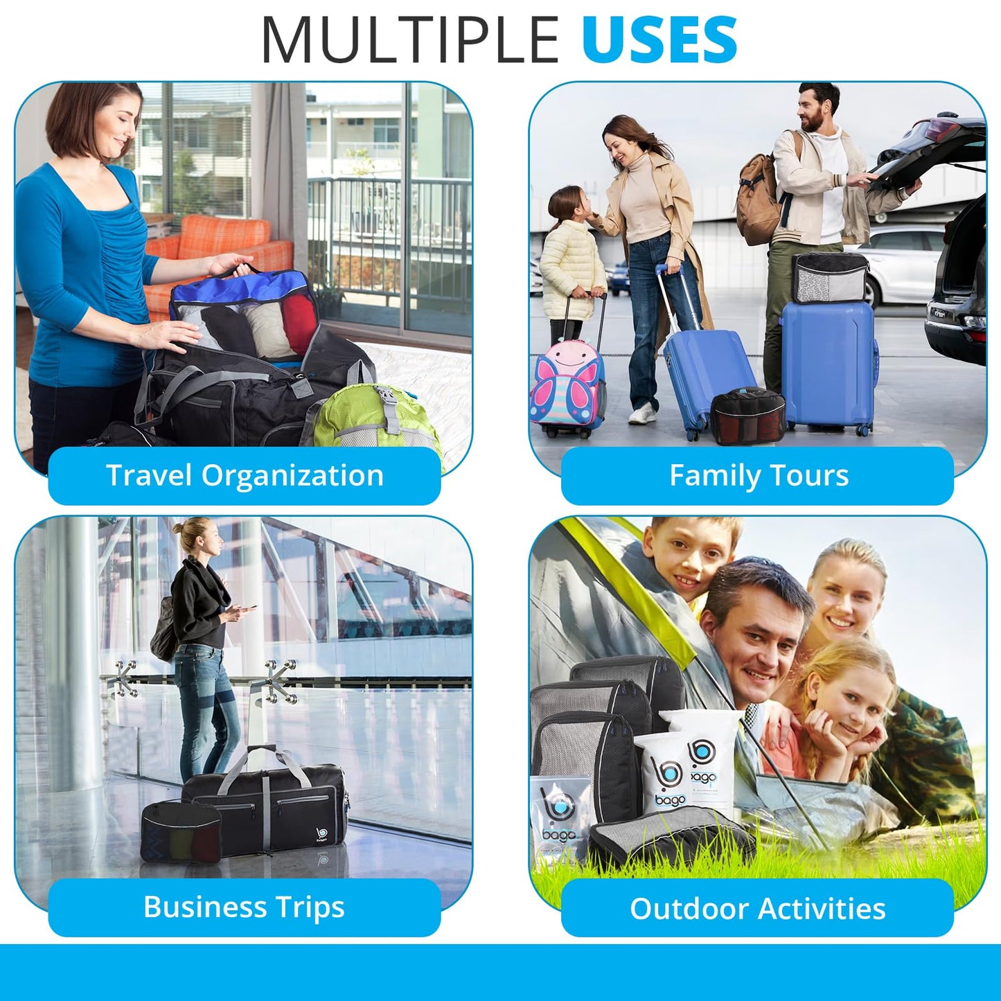 bago 8 Pcs Packing Cubes for Travel - 5 Travel Packing Cubes for Suitcases with 3 ZipLock Bags, Luggage Organizer Bags to Get Maximum Storage, Save Time & Effort to Pack (Black Blue Purple Green Pink)