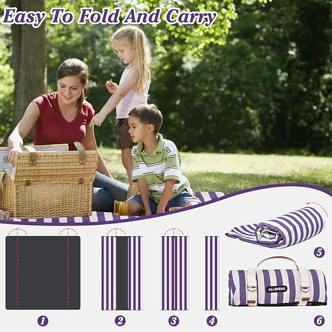 60”x 80” Picnic Blanket Waterproof and Foldable Beach Blanket, 5-Layer Outdoor Mat with Carry Strap for 6 to 8 Adults, for Camping, Park, Beach, Grass, Indoors…