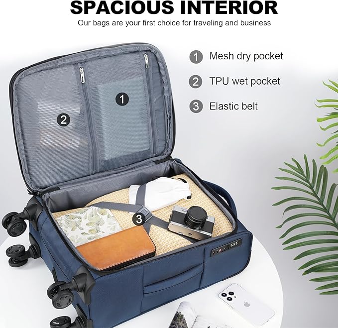 KROSER Softside Expandable Carry On Luggage with Spinner Wheels & Built-in TSA Lock, Durable Suitcase Rolling Luggage with USB Port, Carry-On 20-Inch, Haze Blue