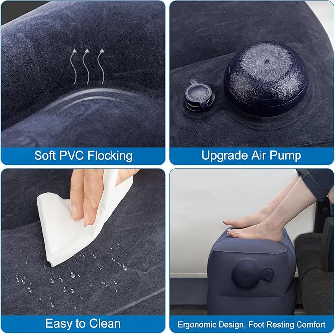 1 Pack Inflatable Travel Foot Pillow,Inflatable Leg Pillow Outdoor Stool, Adjustable 3 Layers Height Leg Rest Pillow for Airplane, Office, Home, Trains, Cars (1Pack Navy)