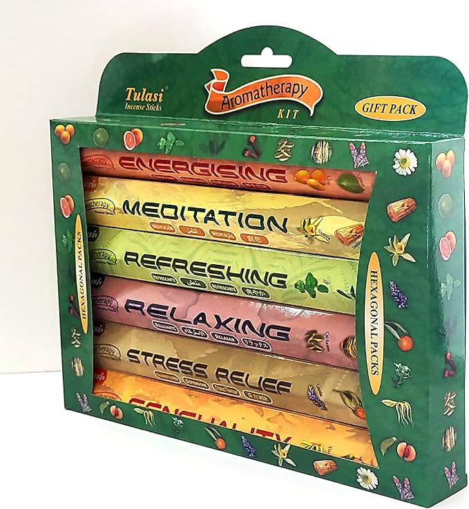 Tulasi Premium Aromatherapy Incense Sticks - Energising, Relaxing, Refreshing, Sensuality, Meditation & Stress Relief Mixed Scents, Hand Rolled with Natural Oils 120 Incense Sticks, 6 in 1 Gift Pack