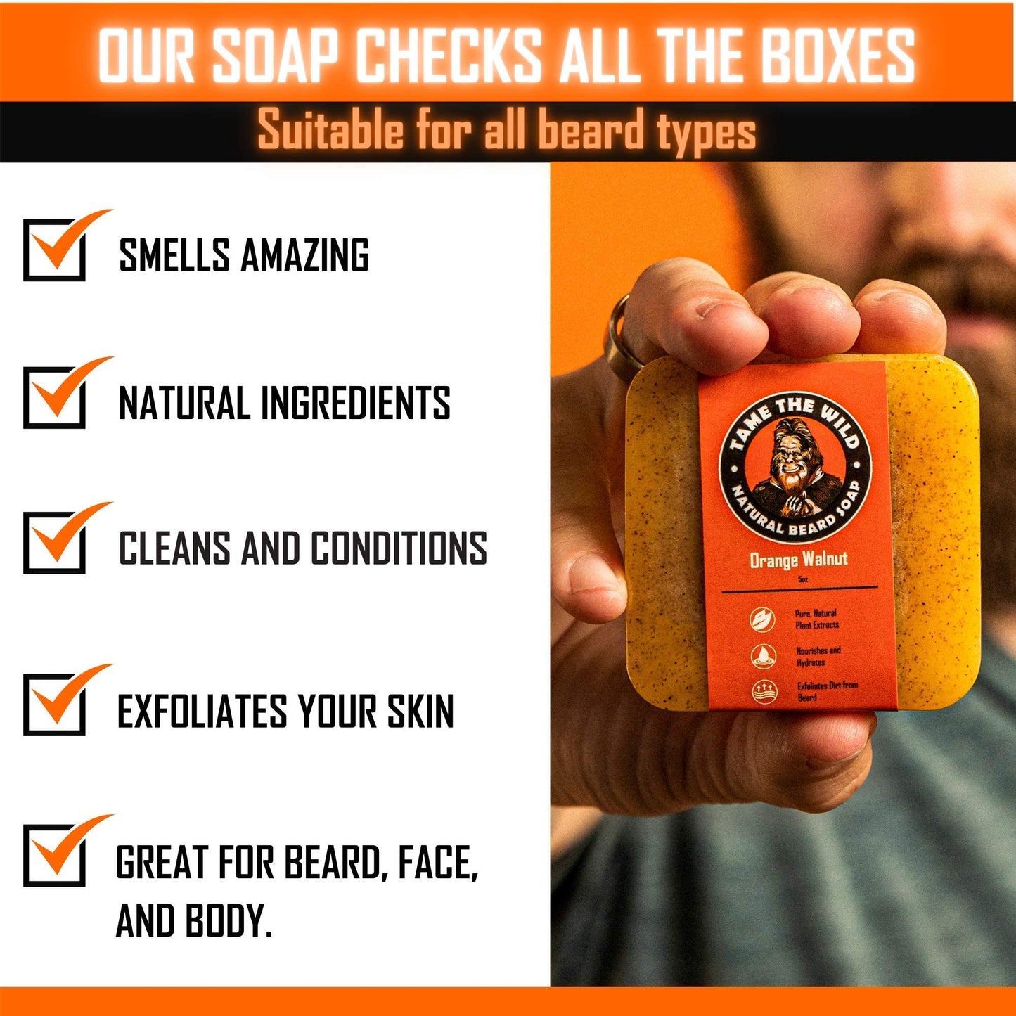 Tame the Wild Premium Beard Wash for Men - Natural Beard Soap & Shampoo Conditioner in 1 - Face & Body Wash & Scrub - Shea Butter & Coconut Oil - 3 Pack of 5oz Bars