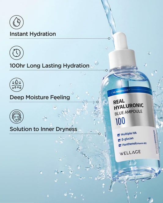 WELLAGE Real Hyaluronic Blue Ampoule 100, Korean Serum, Fragrance Free Hyaluronic Acid Ampoule with Panthenol, Wild yam, Centella for Sensitive Dry Skin Moisturizer 2.54 fl.oz