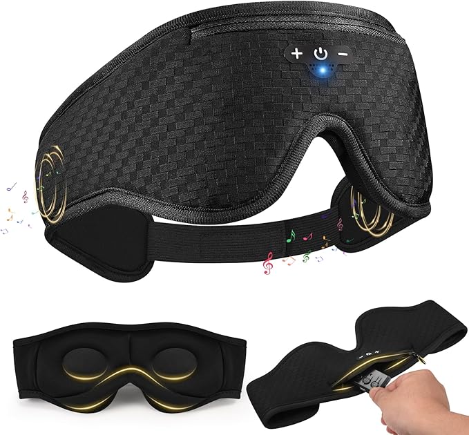 3D Contoured Sleep Mask with Bluetooth Headphones, Adjustable Blackout Sleeping Mask, 1-Hour Timer Sleeping Headphones with Thin Stereo Speakers for Men, Women, Gift - Black