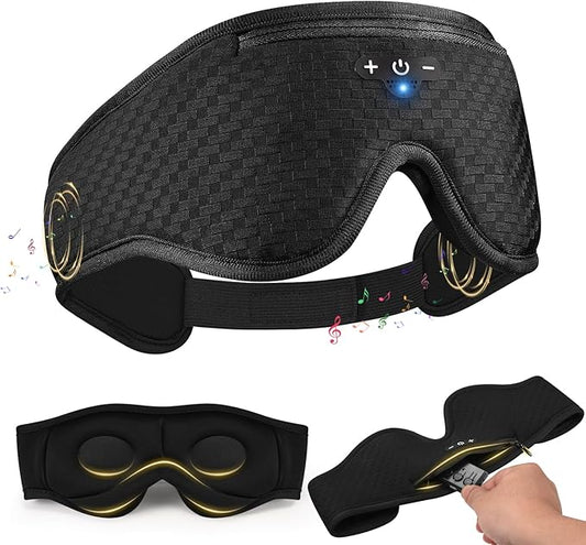 3D Contoured Sleep Mask with Bluetooth Headphones, Adjustable Blackout Sleeping Mask, 1-Hour Timer Sleeping Headphones with Thin Stereo Speakers for Men, Women, Gift - Black