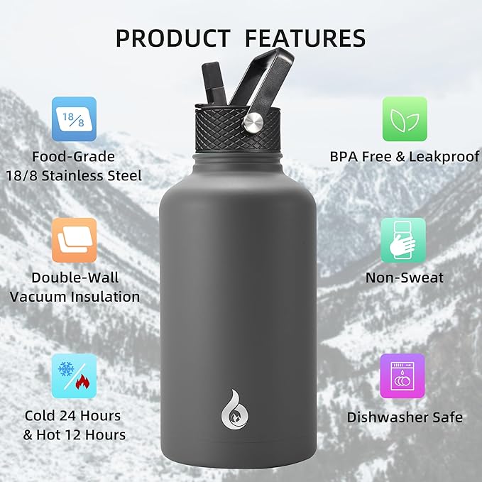 BJPKPK Half Gallon Insulated Water Bottles with Straw Lid, 64oz Large Water Jug, Stainless Steel Bottles with 3 Lids and Paracord Handle, Thermo for Hot & Cold Liquid, Gray