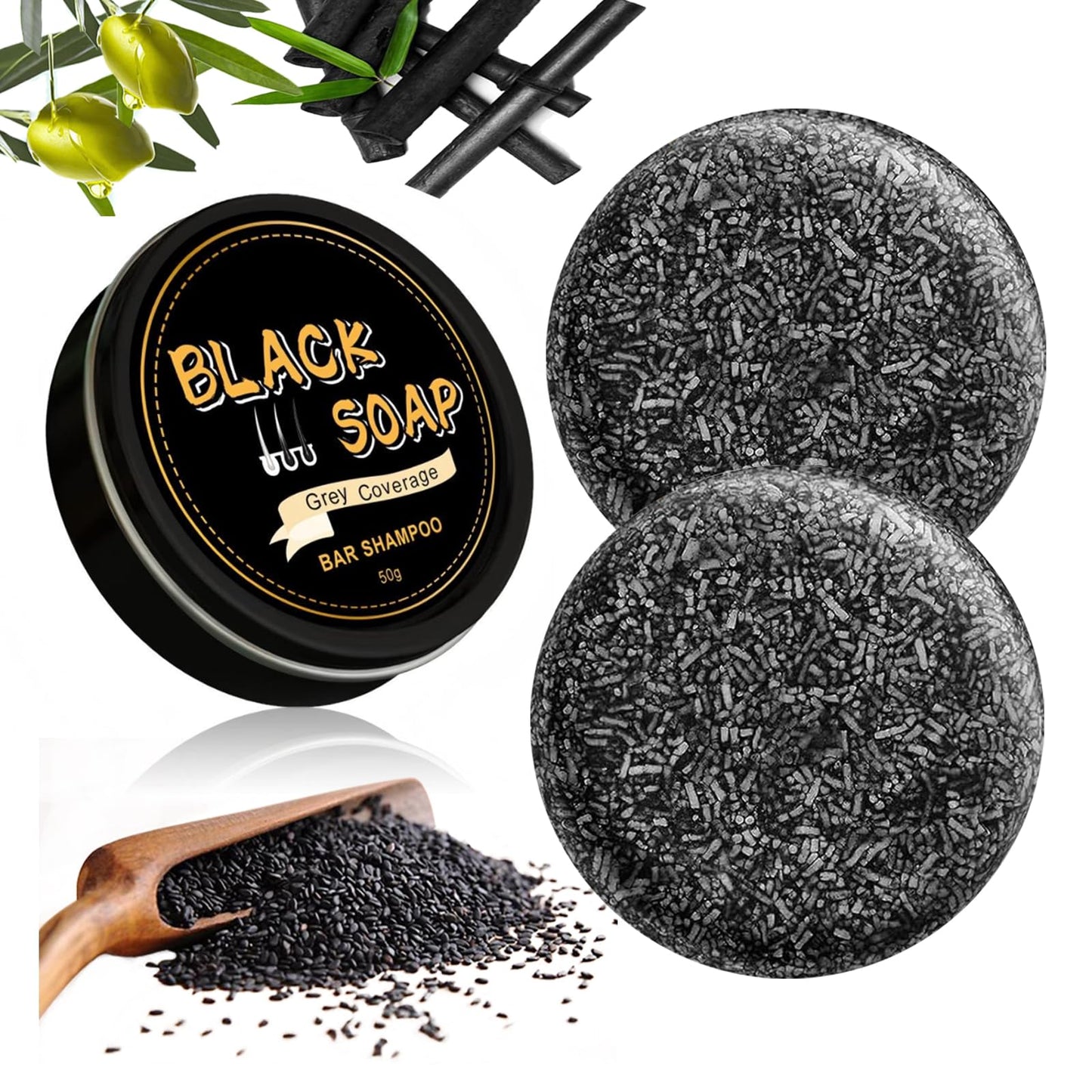 Gray Hair Reverse Bar Soap, Natural Black Soap for Hair & Beard Darkening,Darkening Shampoo Bar with Ginseng & Black Sesame, Vegan, Deep Cleans & Nourishes Scalp, 2PACK