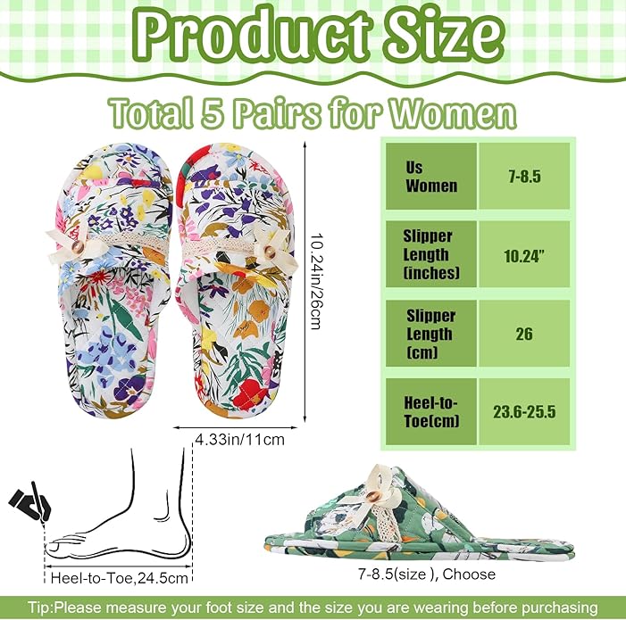 Chuarry 5 Pairs Floral Cotton House Slippers for Women, Soft Open Toe Indoor Spa Slippers for Guests Non Slip Washable Comfortable Portable Shoes for Hotel Travel Bedroom Airplane Party