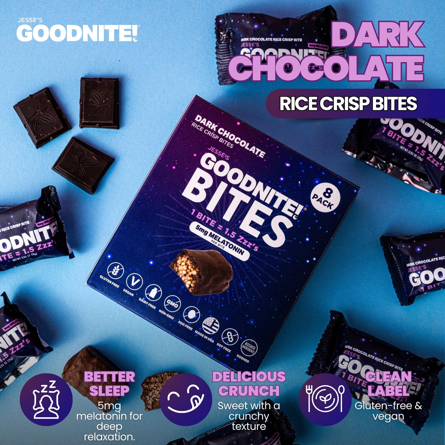 GOODNITE! Sleep Bites – Proprietary Blend with 5mg Melatonin & L-Theanine – Vegan, Gluten-Free, Kosher – Dark Chocolate Protein Snack for Restful Sleep – 8 Pack