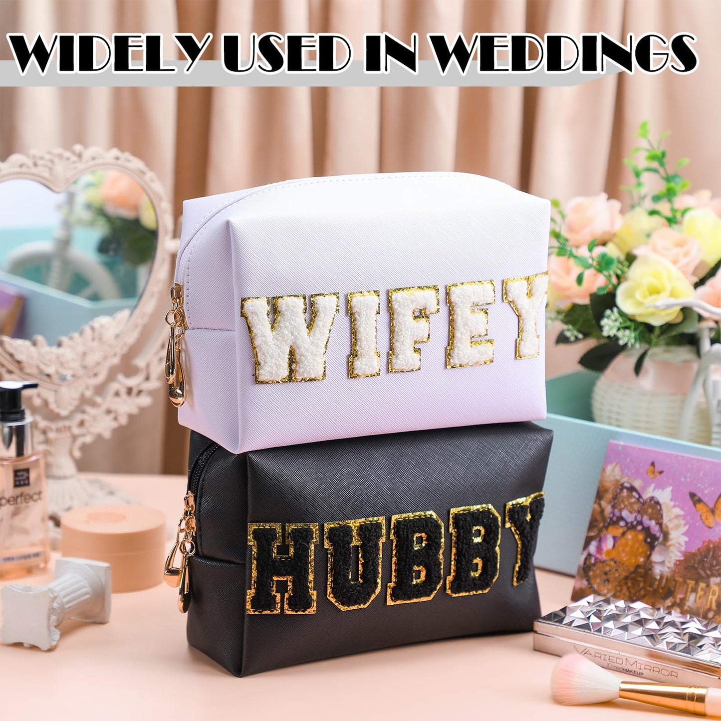 Pinkunn 2 Pcs Wifey Hubby Makeup Bag Bride Patch Cosmetic Bag Mrs Travel Toiletry Purse White Letter PU Leather Waterproof Pouch Wedding Bridal Shower Honeymoon Gift for Women Party Organizer