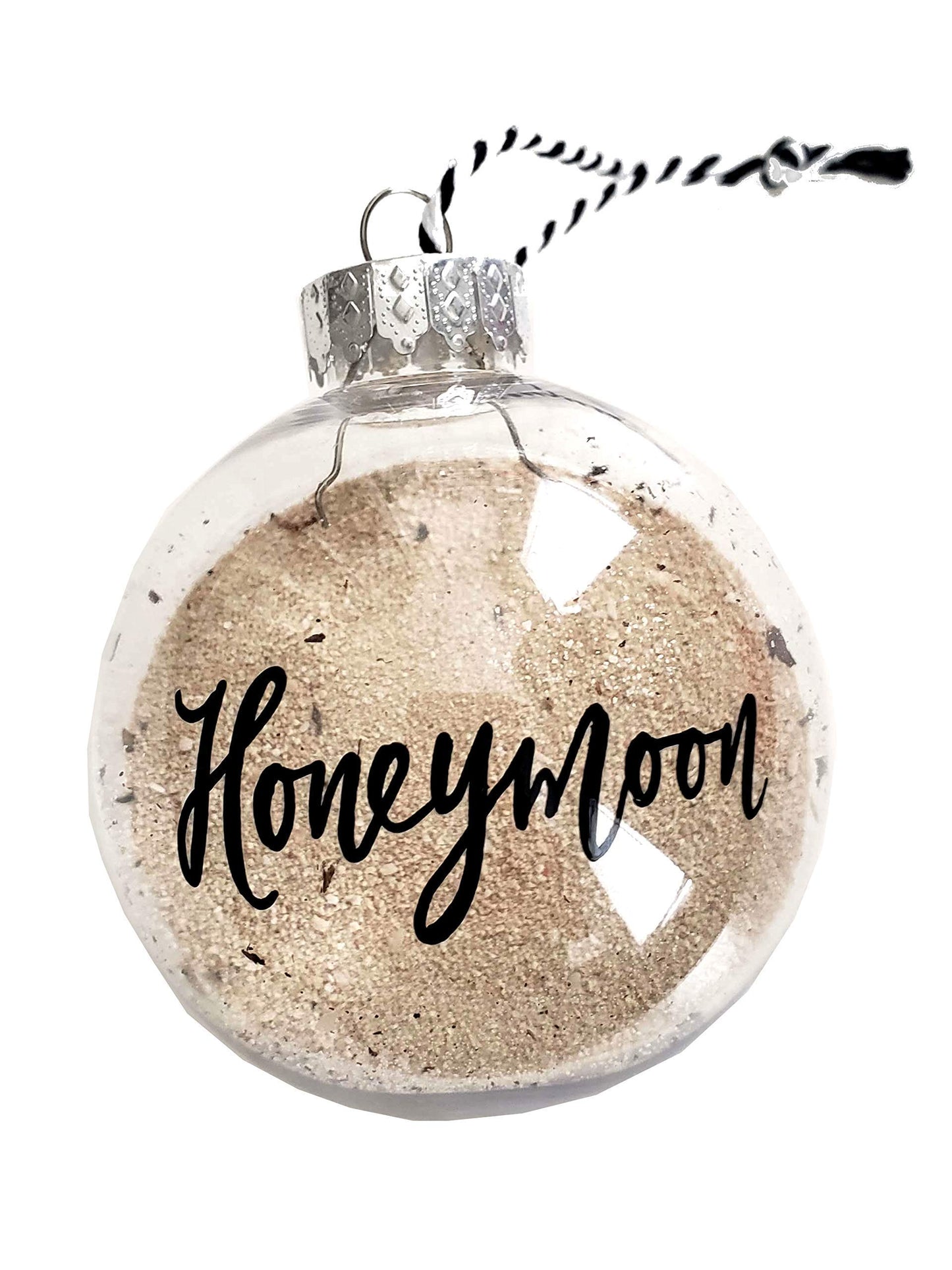 Hand Lettered Honeymoon Sand Christmas Ornament, Travel Gift for Bridal Shower - 2.5 inch Diameter, Plastic & Shatterproof
