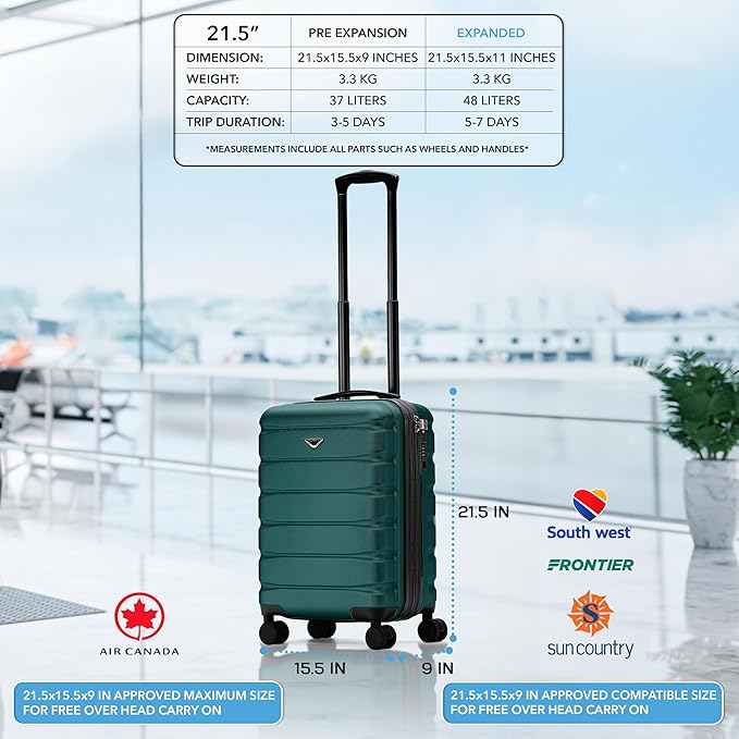 Carry On Suitcase Hardside TSA Lock & USB Port Silent Double Spinner Wheels Maximum Carry-On Bag For Canada Air Approved Airlines( 21.5x15.5x9" ,Forest Green )