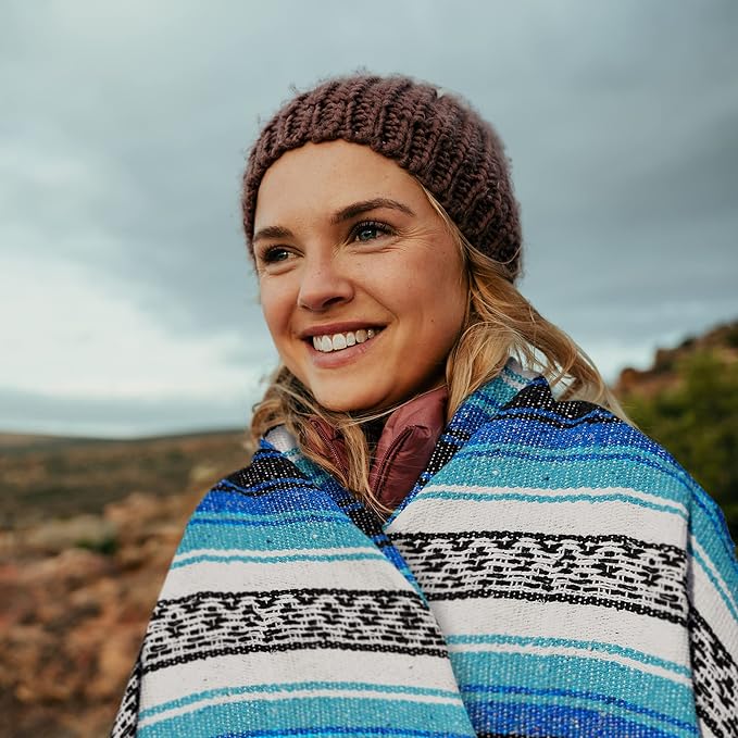 Authentic Extra Large Mexican Blanket - Handwoven Yoga, Serape, Artisanal Falsa, Beach, Camping, Picnic, Outdoor Blanket (King Turquoise)