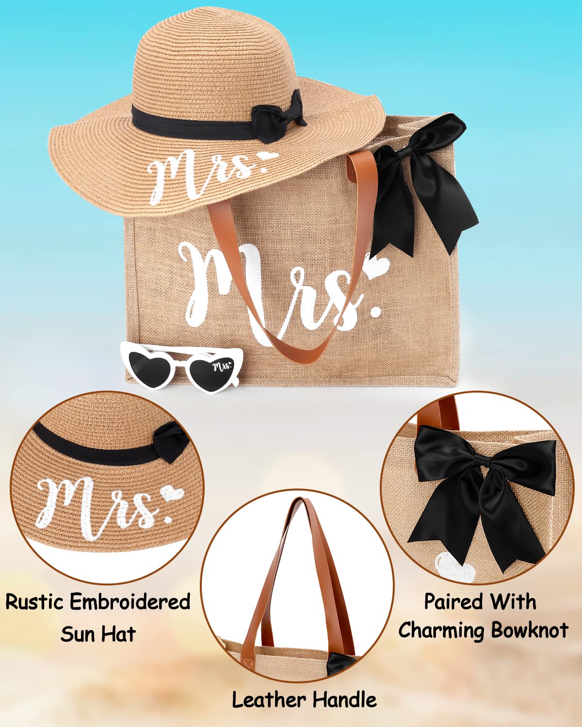 Percozzi Mrs. Tote Bag Sun Hat Glasses Set Bride-To-Be Bridal Shower Gift with Cute Heart Basket for Bride Wifey Honeymoon Jute Tote Bag Kit Summer Beach Present for Friend Set of 3