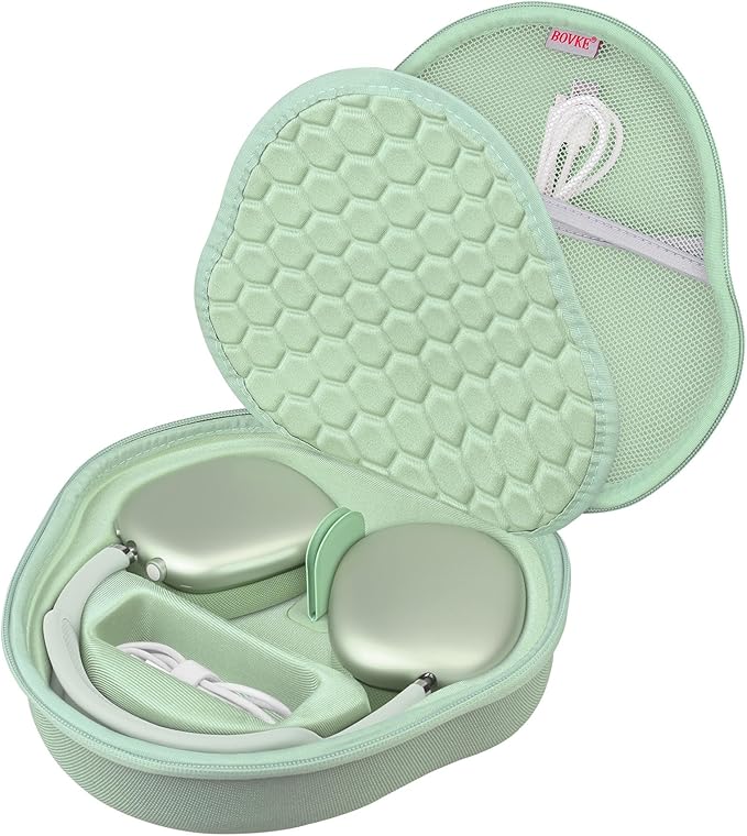 BOVKE Hard Carrying Case with Sleep Mode for Apple AirPods Max Wireless Over-Ear Headphones, AirPods Max Protective Portable Storage Bag with Mesh Pocket for Headphone Accessories, Green