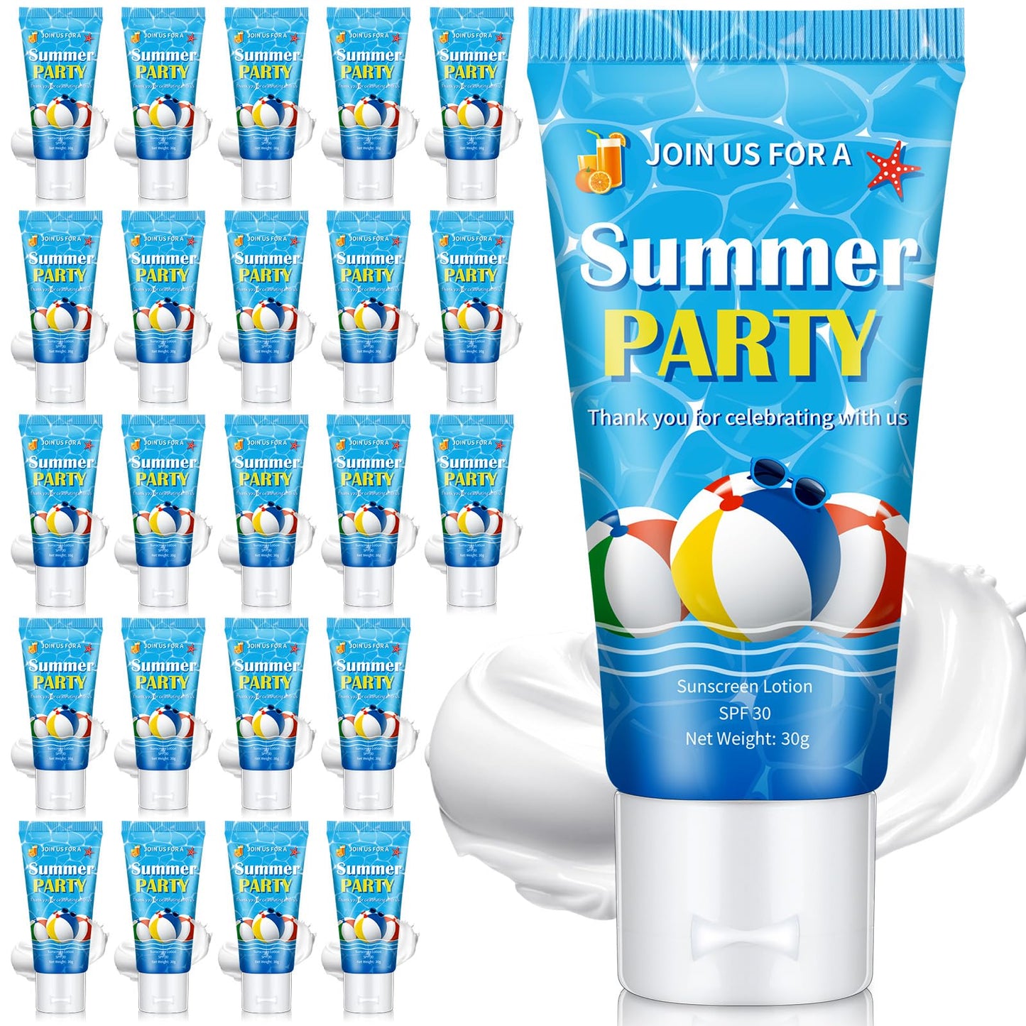 Dansib 24 Pcs Mini Sunscreen Bulk for Summer Wedding Party Spf 30 Water Resistant Sunscreen Lotion Bulk 1oz Travel Size for Thank You Gifts Wedding Party Supplies(White Cream,Beach Ball)