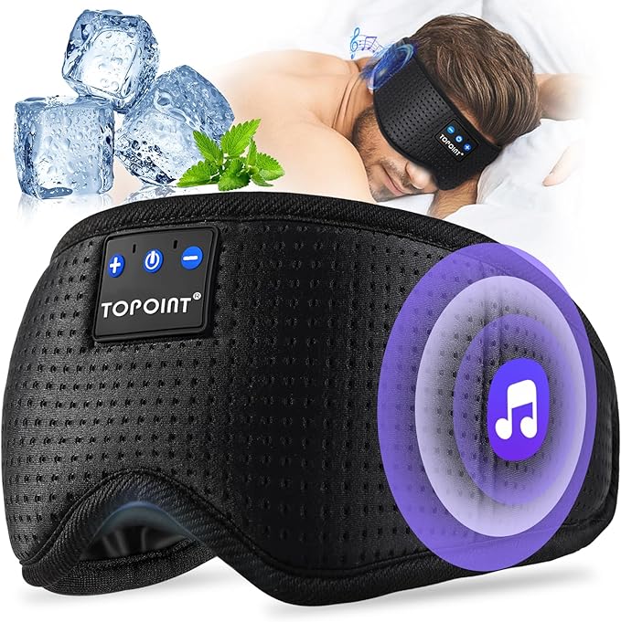 TOPOINT Sleep Mask with Bluetooth Headphones, Breathable Silk Eye Mask for Sleeping Men Women, Bluetooth Sleep Mask Blackout with Speakers, Microphone Handsfree, USB C for Travel Meditation Gifts