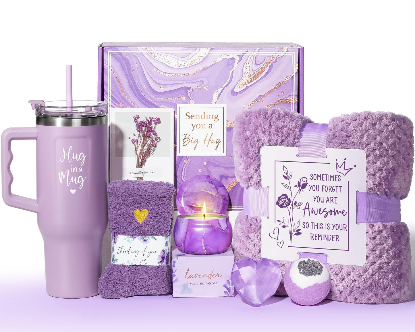 Birthday Gifts for Women Self Care Gifts Get Well Soon Gifts, Lavender Relaxing Spa Gifts Basket Care Package w/ Flannel Blanket 40 OZ Tumbler, Christmas Gifts for Mom Wife Grandma Friends Sisters Her