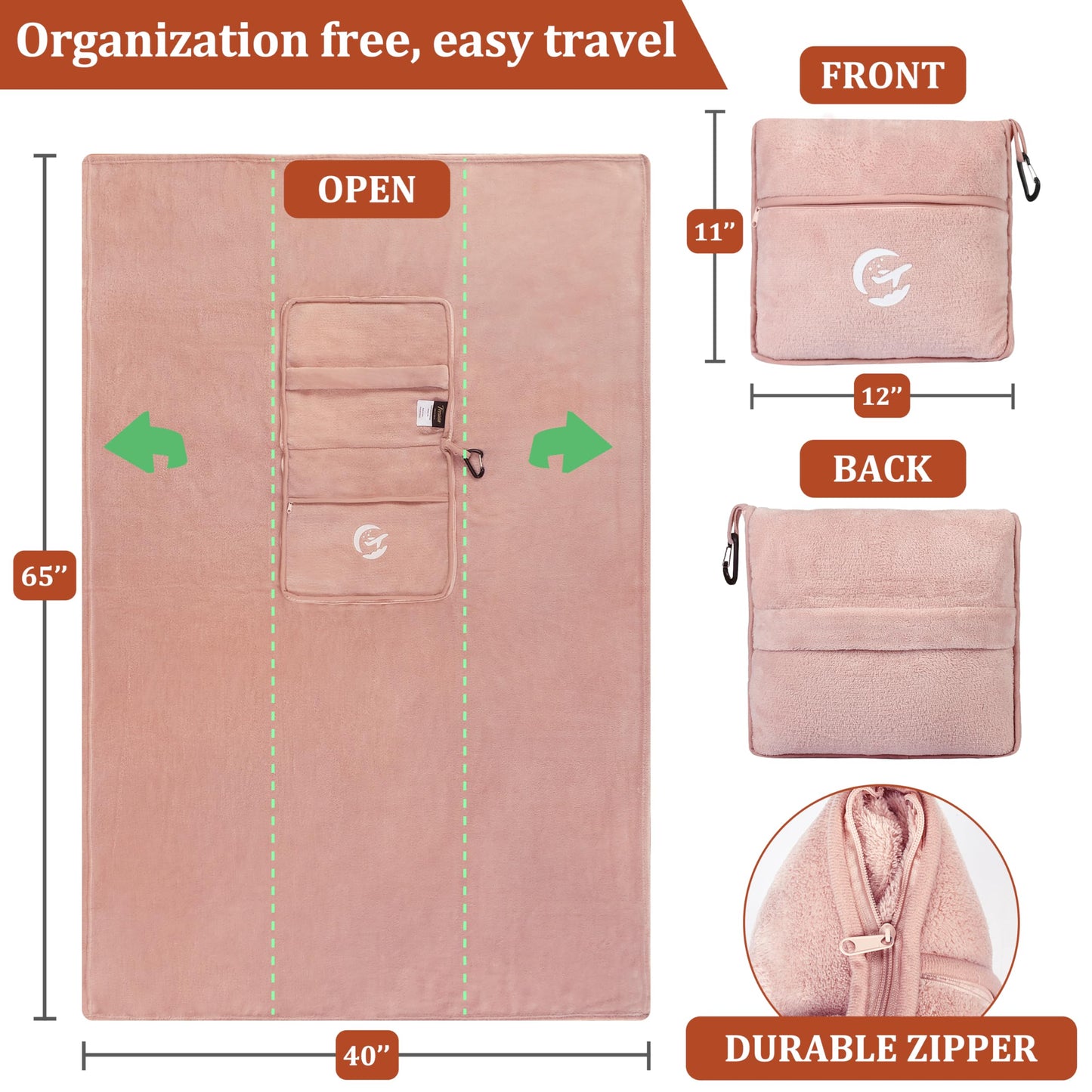 Tirrinia Soft Travel Blanket Pillow, 3-in-1 Foldable Airplane Throw Blanket, Long Flight Essentials, Car Pillow, Lightweight Travel Accessories