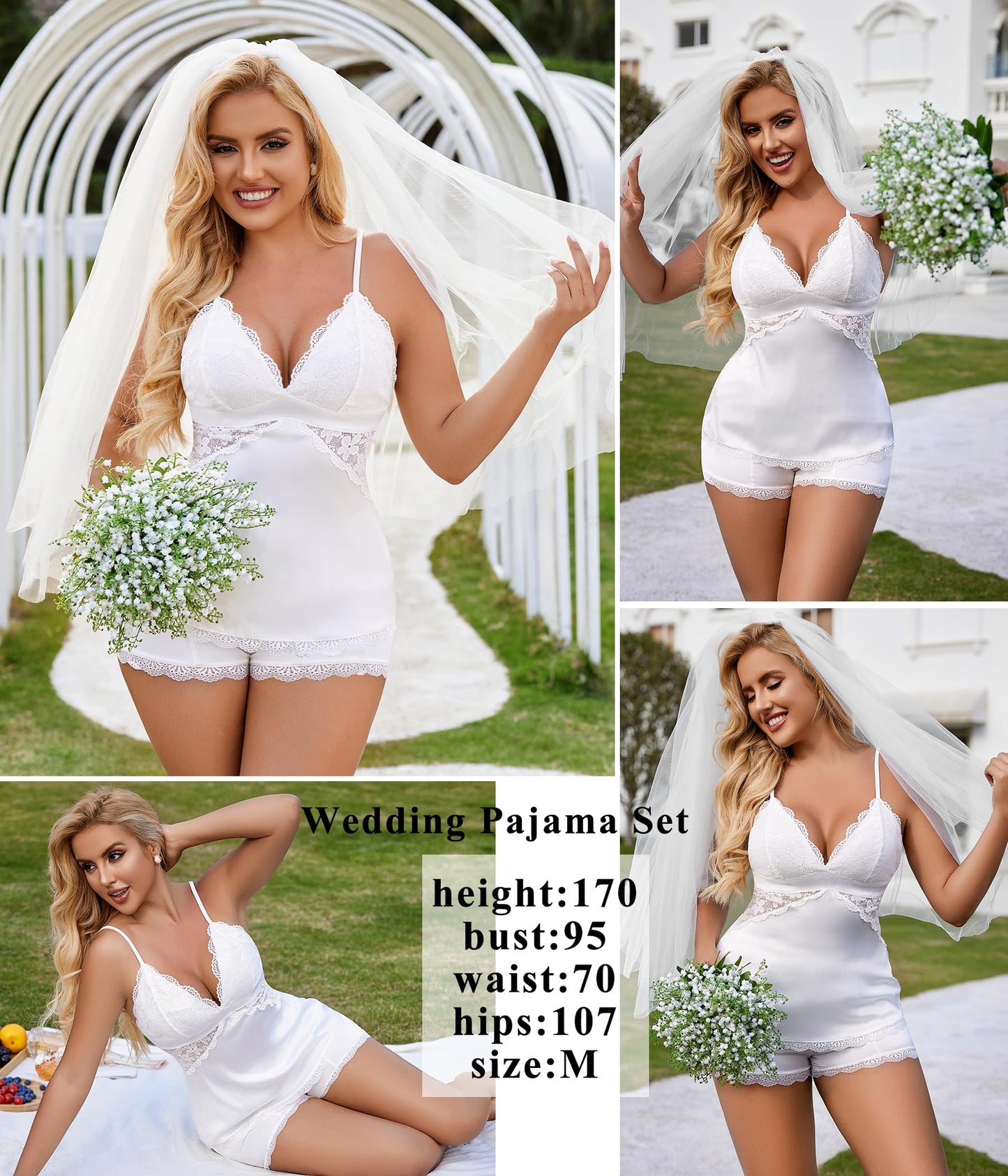 Avidlove Bride Gifts Lace Babydoll Lingerie Women Sleepwear Satin Pajamas Set Lace Camisole Shorts Nightwear White S