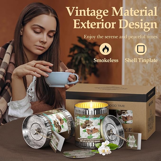 Jasmine&Musk&Sandalwood Scented Candle Set | 2Pack 16oz 80H Burn Time,8% Essential Oils | Smoke-Free Pure Soy Wax | Aromatherapy for Relaxing,Yoga Meditation Spa,Gift Set for Men/Women/Father's Day