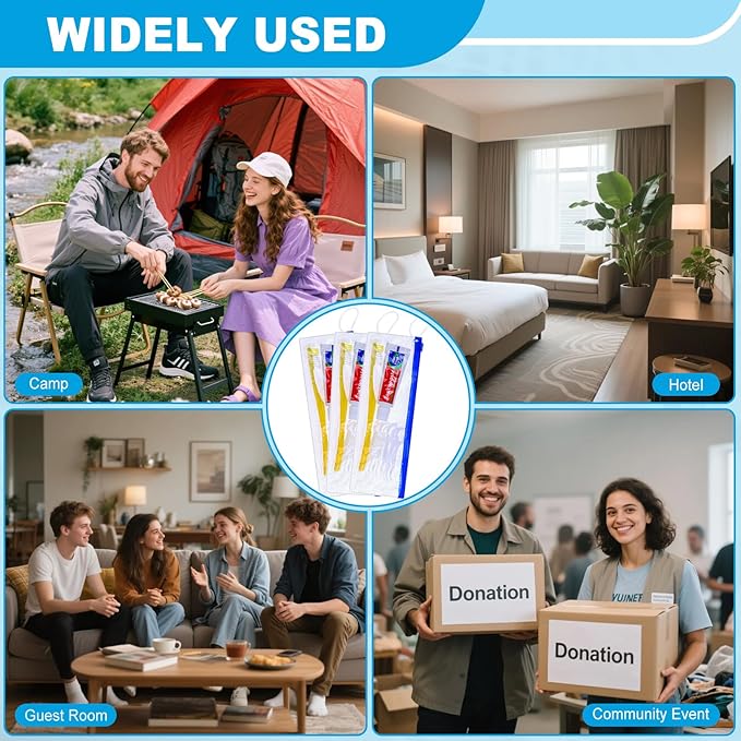 5 pcs Disposable Toothbrushes with Toothpaste and Floss Set,Yellow Individually Wrapped Bulk Single Use Toothbrush Floss Cover Travel Toothbrushes Kit with Zip Bag for Homeless,Hotel,Guest