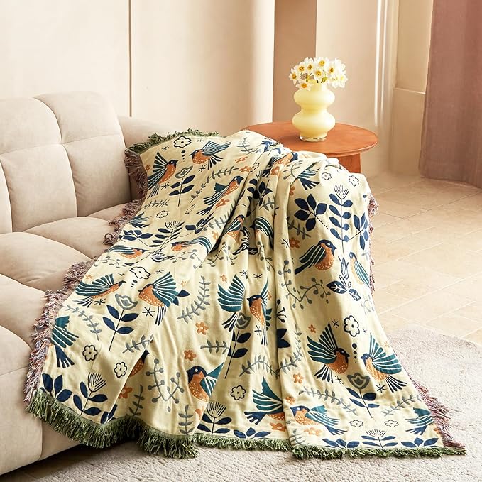 Boho Throw Blanket for Couch 100% Cotton Ultra Soft Rustic Quilt Birds and Floral Double Embroidery Fall Throw Blankets,50"×60" All Season Throws for Sofa Chair