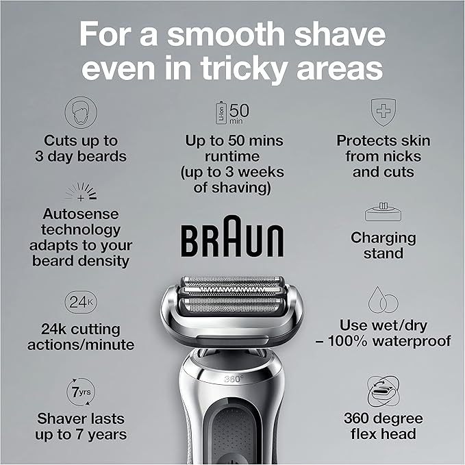 Braun Series 7 7032cs Flex Electric Razor for Men, Wet & Dry, Electric Razor, Rechargeable, Cordless Foil Shaver with Beard Trimmer and Charging Stand, Silver