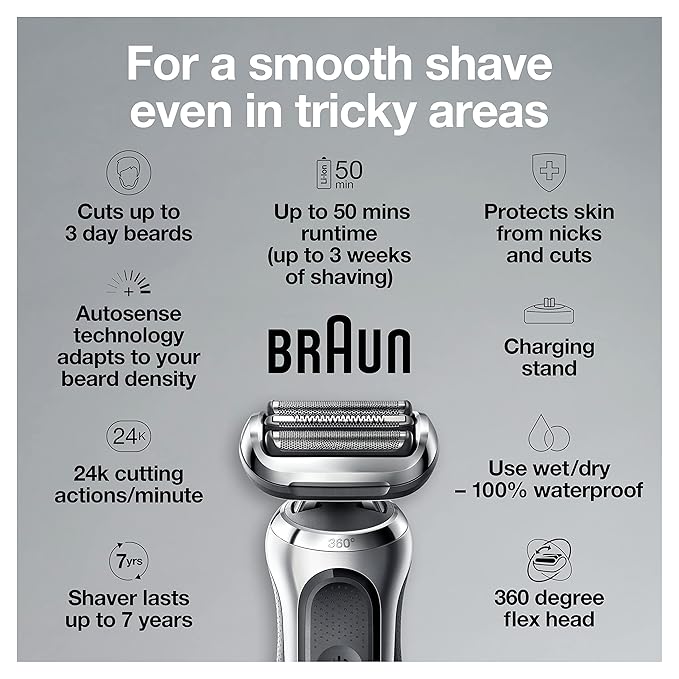 Braun Electric Razor for Men, Waterproof Foil Shaver, Series 7 7027cs, Wet & Dry Shave, with Beard Trimmer, Rechargeable, Charging Stand and Travel Case Included, Silver Black