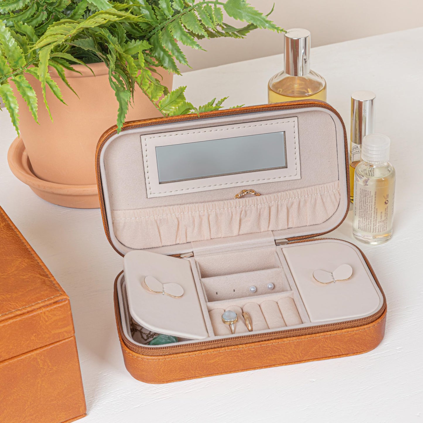 Household Essentials Vegan Leather Travel Jewelry Organizer Box, Caramel Color