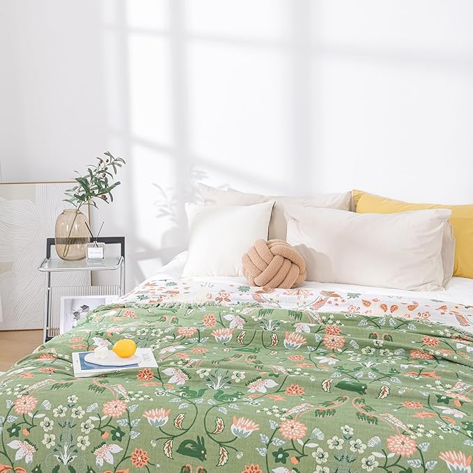 Boho Throw Blanket for Bed 100% Cotton Ultra Soft Rustic Quilt Farmhouse Decor Bed Fall Blanket,All Season Rustic Throw for Sofa Couch Chair (Green World, 90"×98")