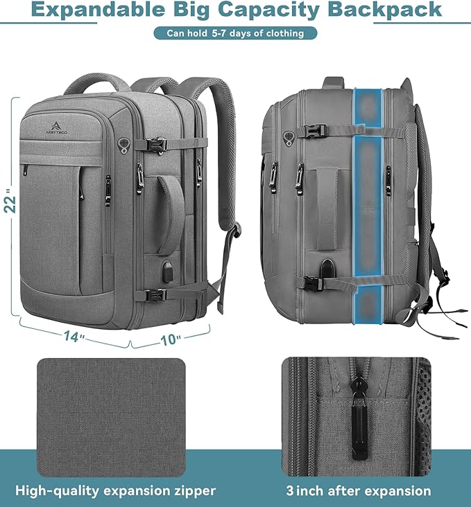 60L Travel Laptop Backpack for Men, Extra Large Backpack, Big Capacity Carry On Backpack, 18 -19 Inch Laptop Backpack with USB Charge Port Water Resistant Luggage Computer Daypack College Bag, Grey