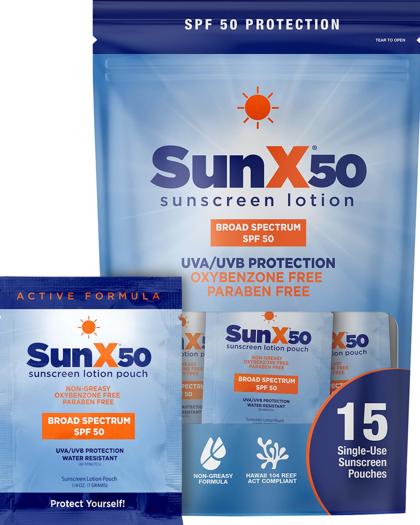CoreTex Sun X 50 SPF Broad Spectrum Sunscreen Packets with Resealable Travel Bag - Pack of 15 Paraben, Oxybenzone, Octinoxate, & Oil Free Sunscreen - Water & Sweat Resistant Up to 80 Minutes