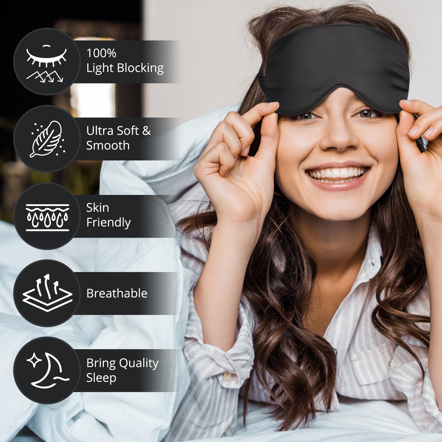 BOKOR Silk Sleep Mask, Eye Mask for Sleep, Mulberry Silk Luxury Eye Cover, Light-Blocking, Skin-Friendly & Lightweight, Reduces Puffy Eyes - with Travel Bag & Gift Package - Black