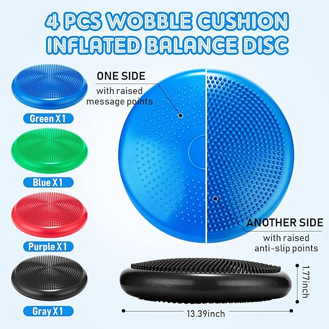 Jerify 4 Pcs Wiggle Seat Flexible Inflated Wobble Cushion Stability Balance Pad Balance Disc Sensory Seat for Men Women Fitness Physical Exercise Improving Posture Home Office