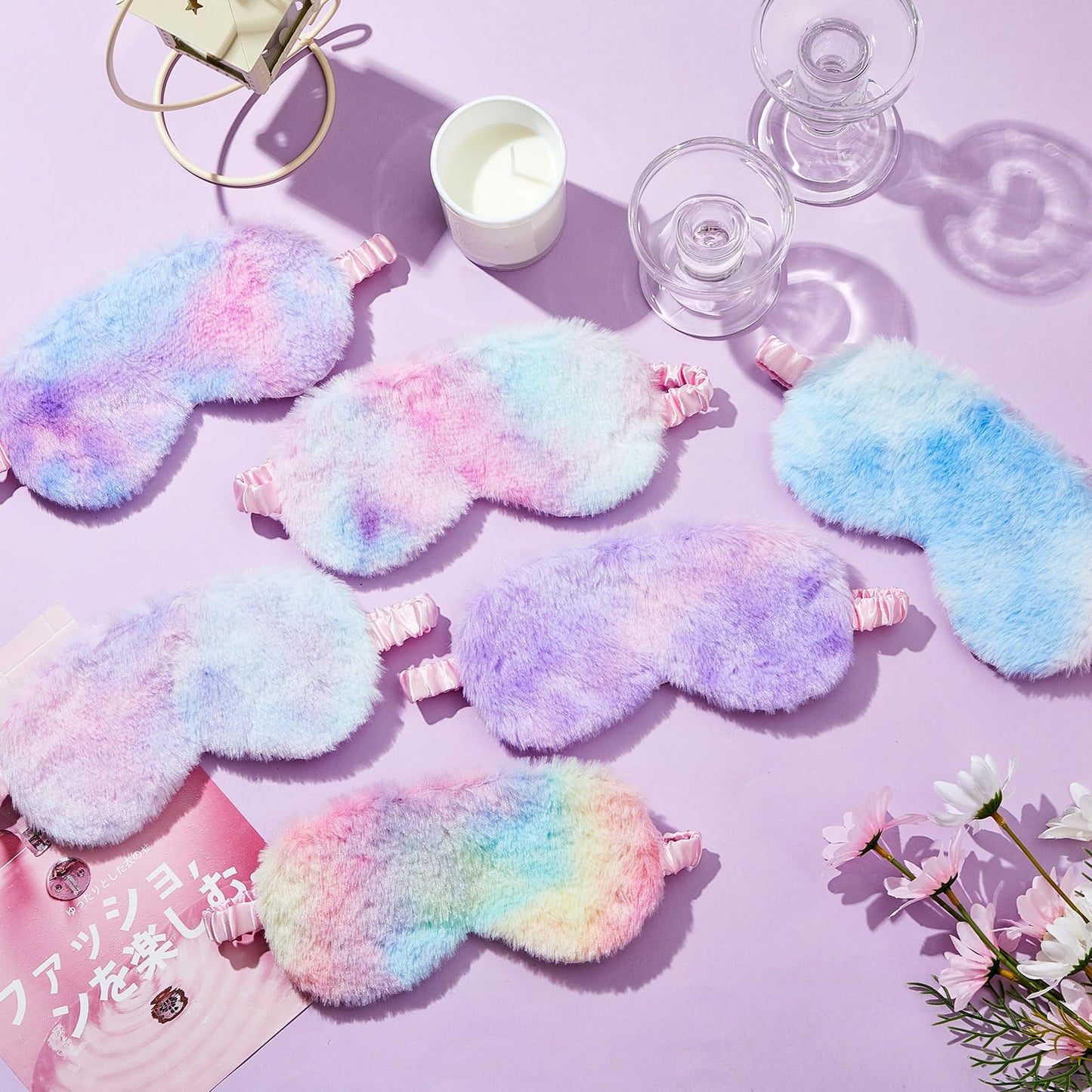 Geyoga 24 Pcs Plush Sleep Eye Mask Silk Furry Eye Covers for Sleeping Cute Sleep Mask Fluffy Comfortable Sleeping Blindfold for Travel Sleepover Nap Party Supply Girls Women, Rainbow Color